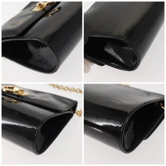 Salvatore Ferragamo Chain Gancini Shoulder Bag Enamel Black Gold Auth 142666 - Picture 14 of 16
